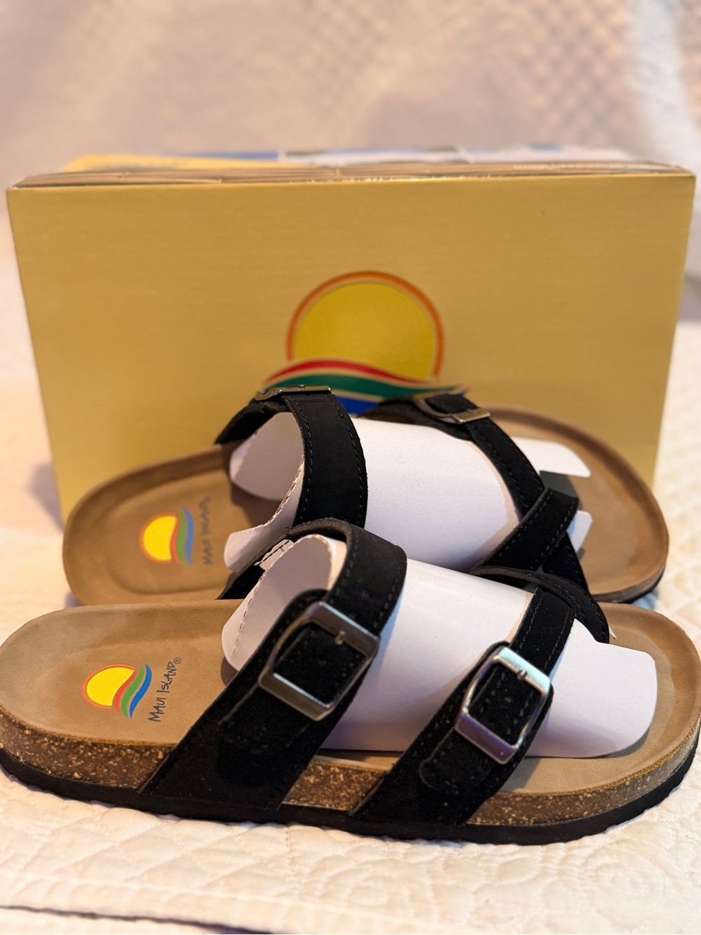 Women's Black Double-Buckle Cork-Style Footbed Sandals